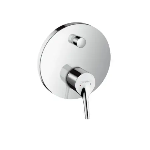Chromatischer Wandmischer von Hansgrohe mit einem Drehgriff zur Temperatur- und Wassermengenregulierung, montiert auf einer runden Unterputzplatte.